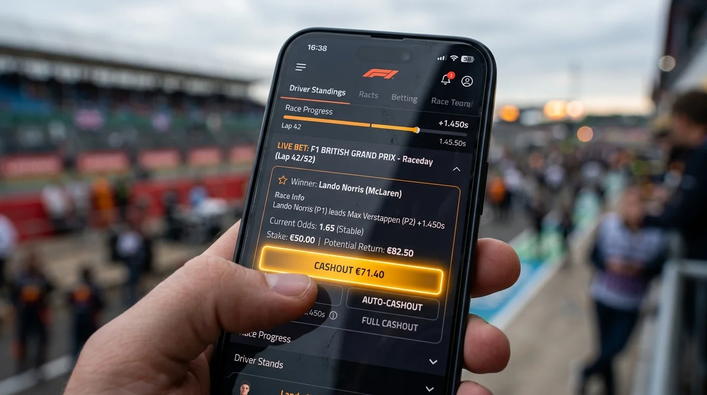 Smartphone-Ansicht einer F1-Live-Wette mit Cashout-Button und aktualisierten Echtzeit-Quoten