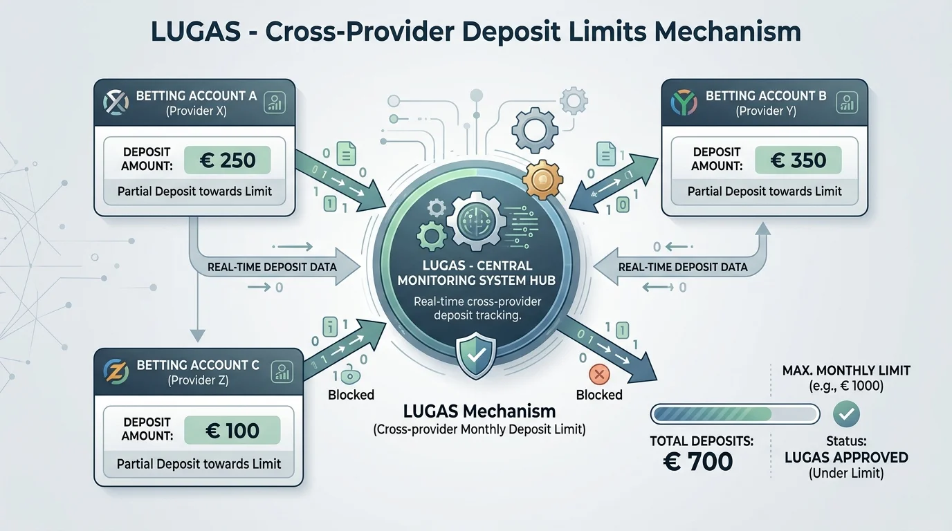 Infografik: Wie LUGAS das Cross-Operator-Einzahlungslimit zwischen drei Anbietern überwacht