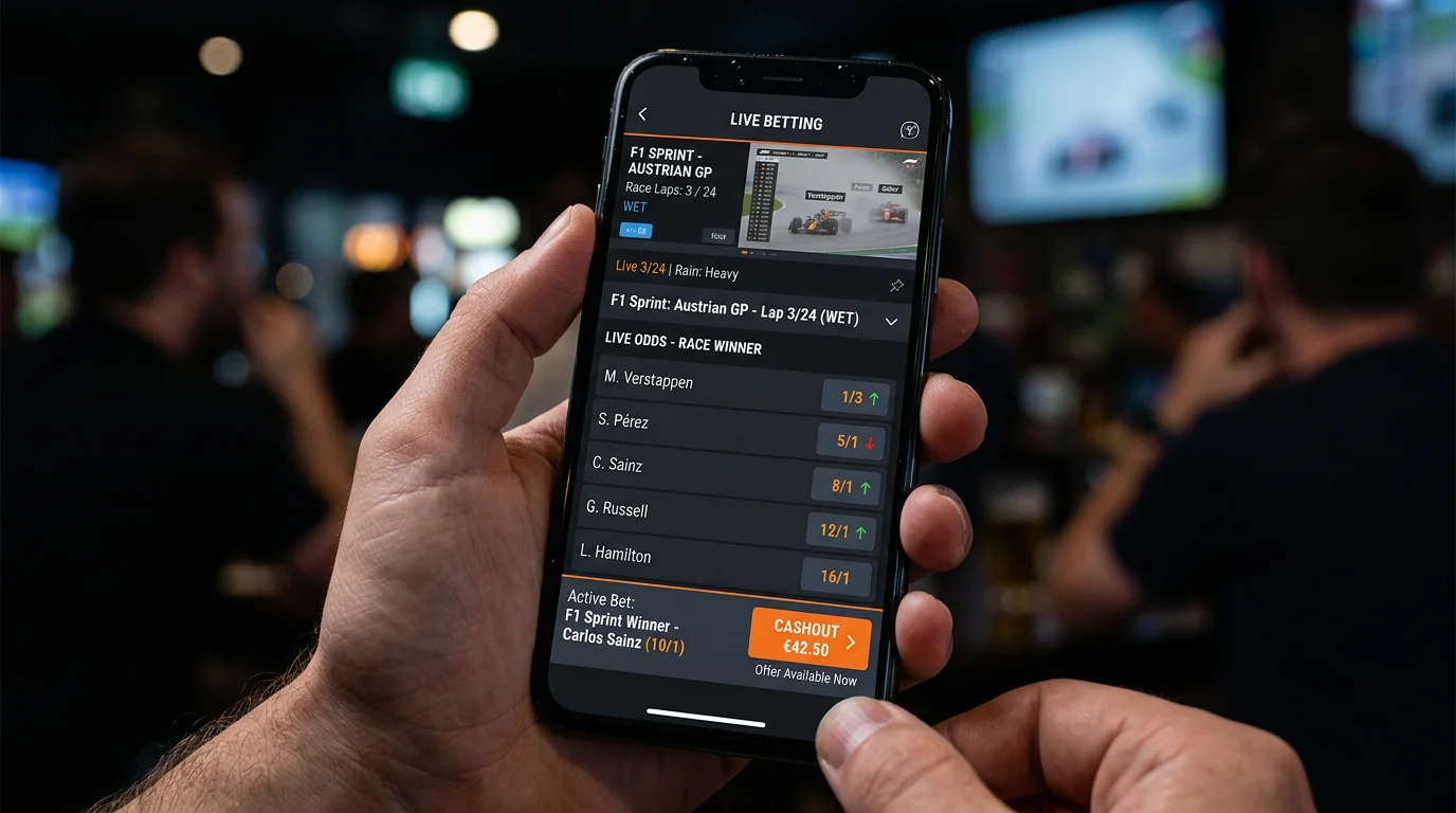 Sprint-Rennen Cashout-Strategie: Quotenverlauf auf einem Smartphone während der ersten Runden