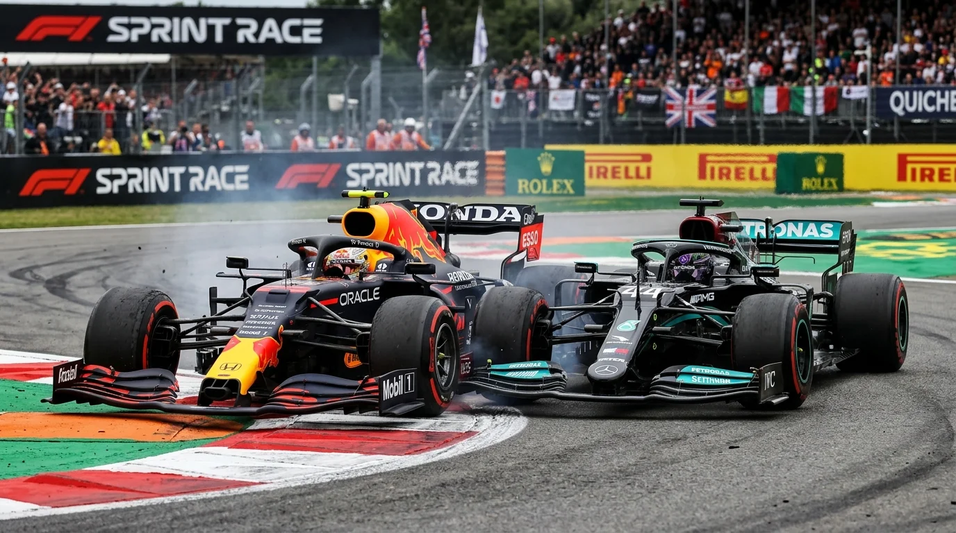 Nahaufnahme eines F1-Sprint-Rennens: Zwei Fahrzeuge in Führungsduell in enger Kurve