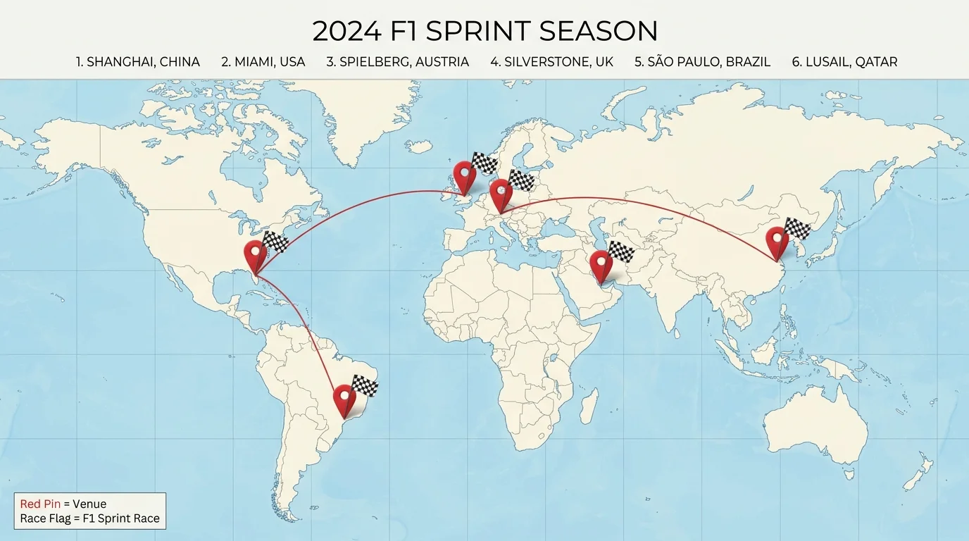 Karte der sechs Sprint-Wochenend-Venues 2026 mit Streckencharakter-Symbolen