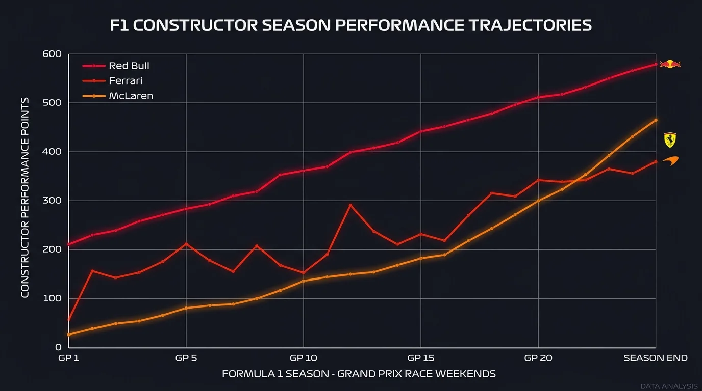 Konstrukteurswetten-Analyse: Grafik mit Teamentwicklungspfaden Ferrari, McLaren, Mercedes