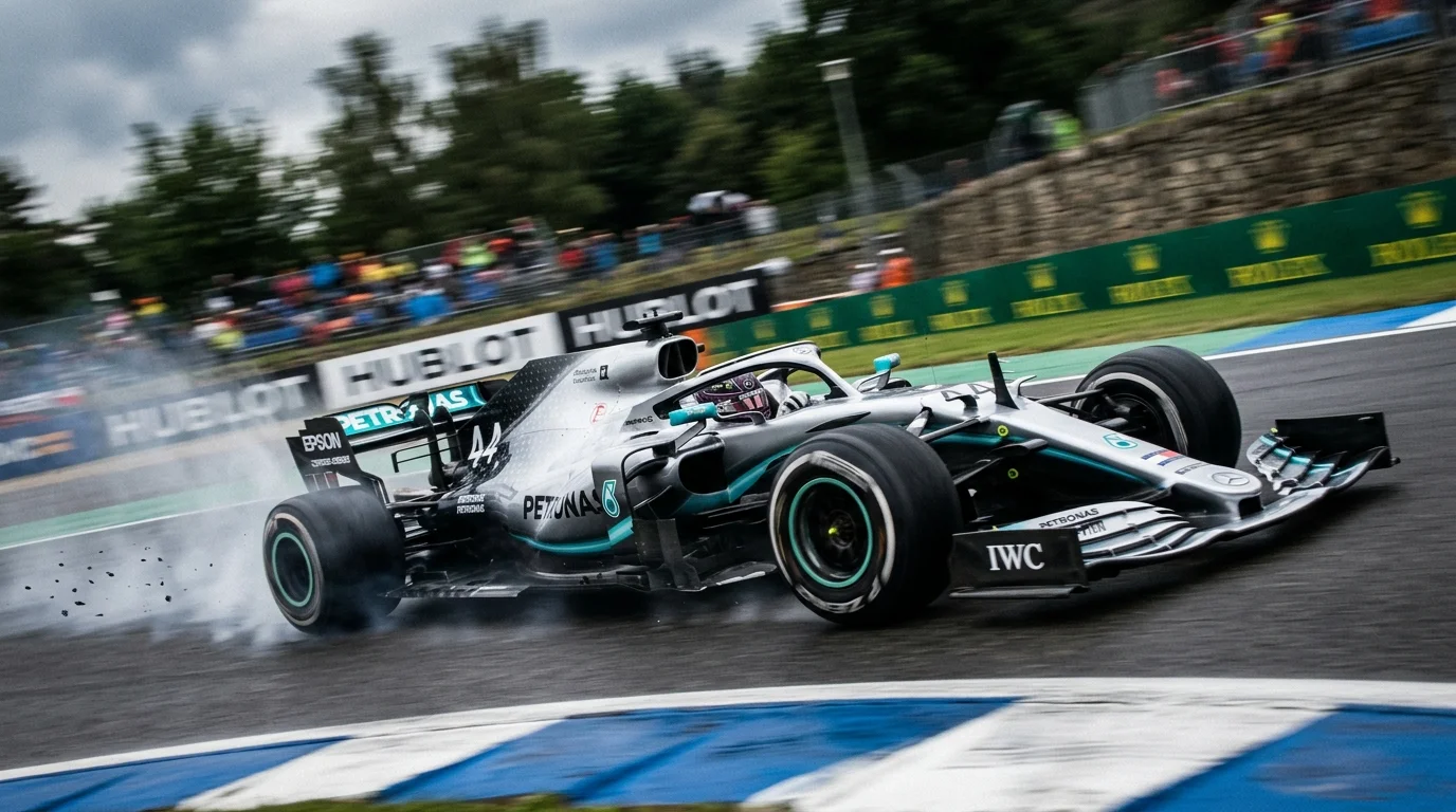 Mercedes F1 Fahrzeug 2025 auf der Strecke bei einem Grand Prix, Rennszene