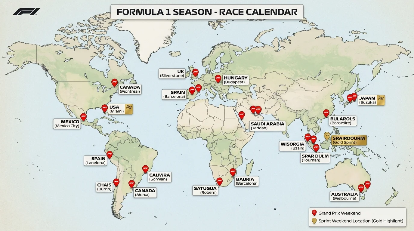 Übersichtskarte der 24 F1-Grand-Prix-Standorte 2026 mit markierten Sprint-Wochenenden