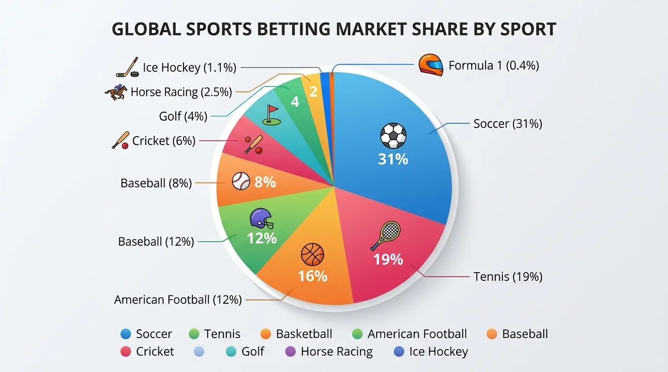 Kreisdiagramm: Globaler Sportwett-Marktanteil nach Sportarten mit F1s 0,4-Prozent-Anteil