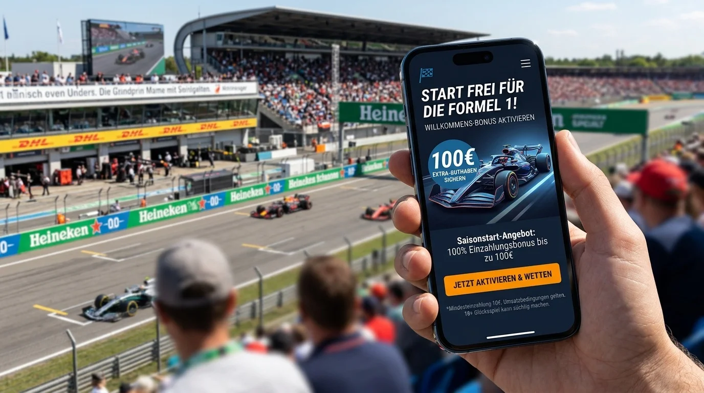 Sportwetten-App auf dem Smartphone mit Willkommensbonus-Angebot zum F1-Saisonstart