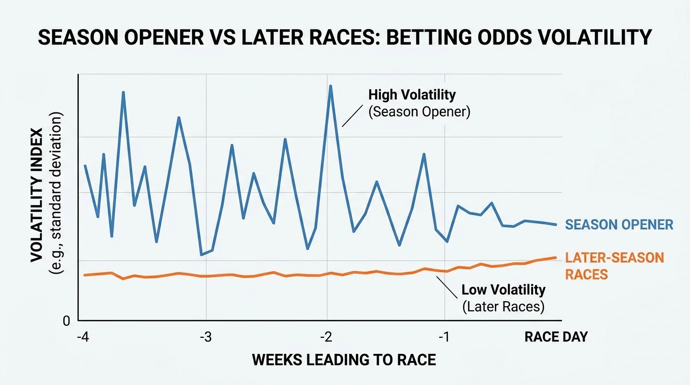 Schaubild: Quoten-Volatilität beim ersten Grand Prix im Vergleich zu späteren Saisonrennen