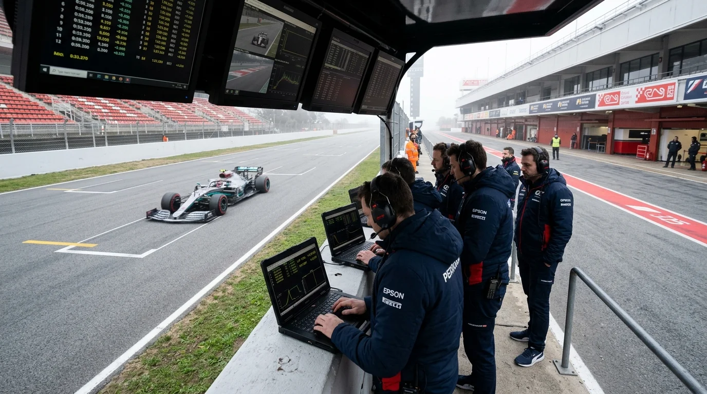 Formel-1-Fahrzeug bei Wintertestfahrten: Teamingenieure analysieren Daten am Streckenrand