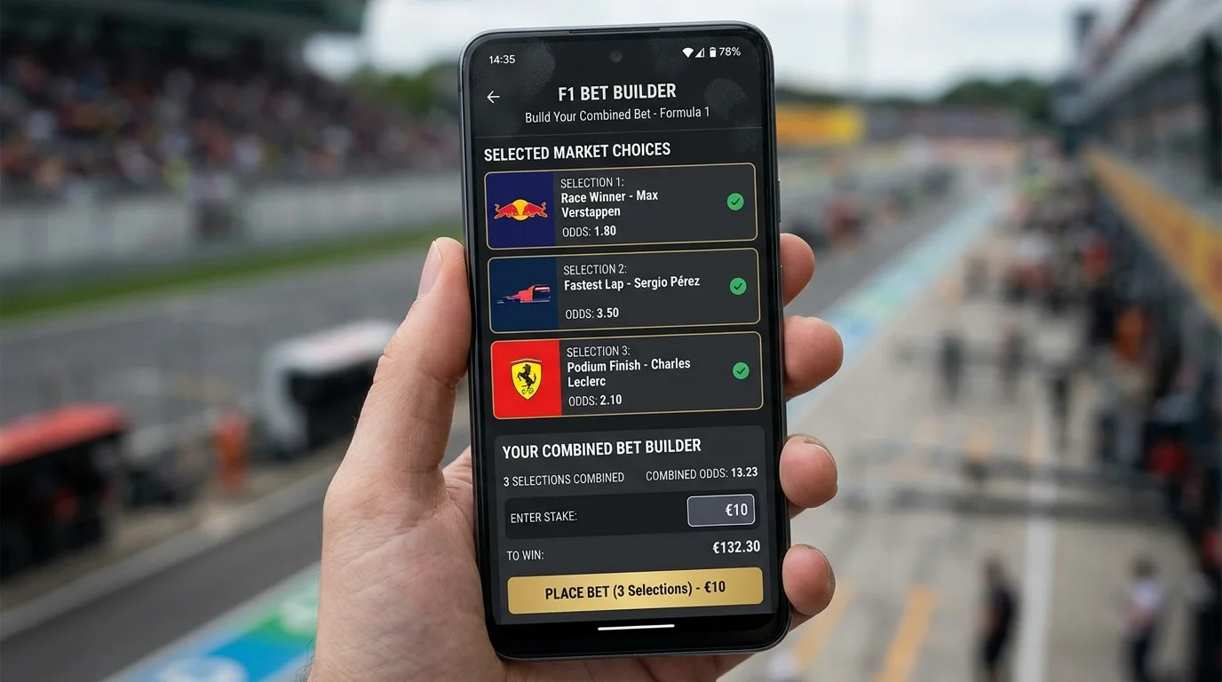 Bet-Builder-Interface in einer Sportwetten-App: F1-Märkte werden zu einer Kombiwette zusammengestellt