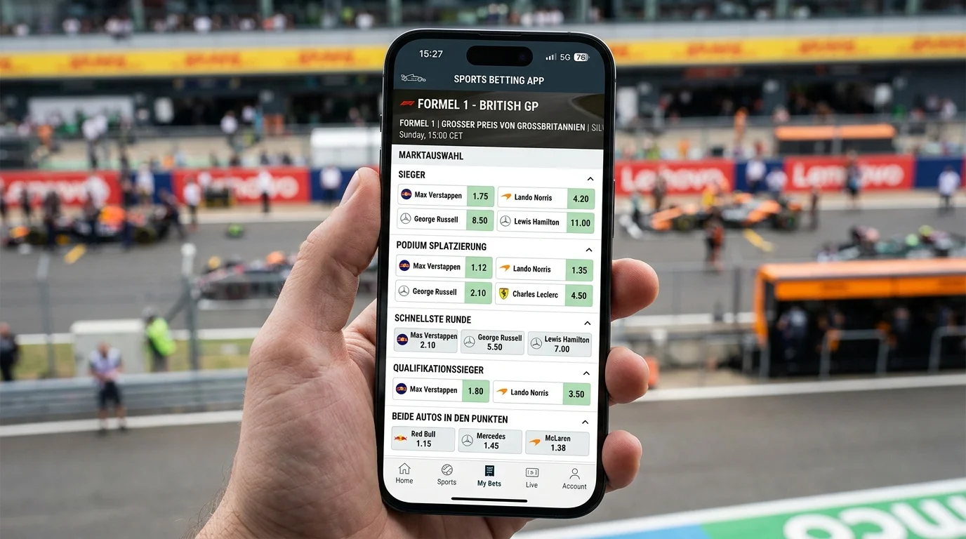 Übersicht von F1-Wettmärkten in einer mobilen App-Oberfläche