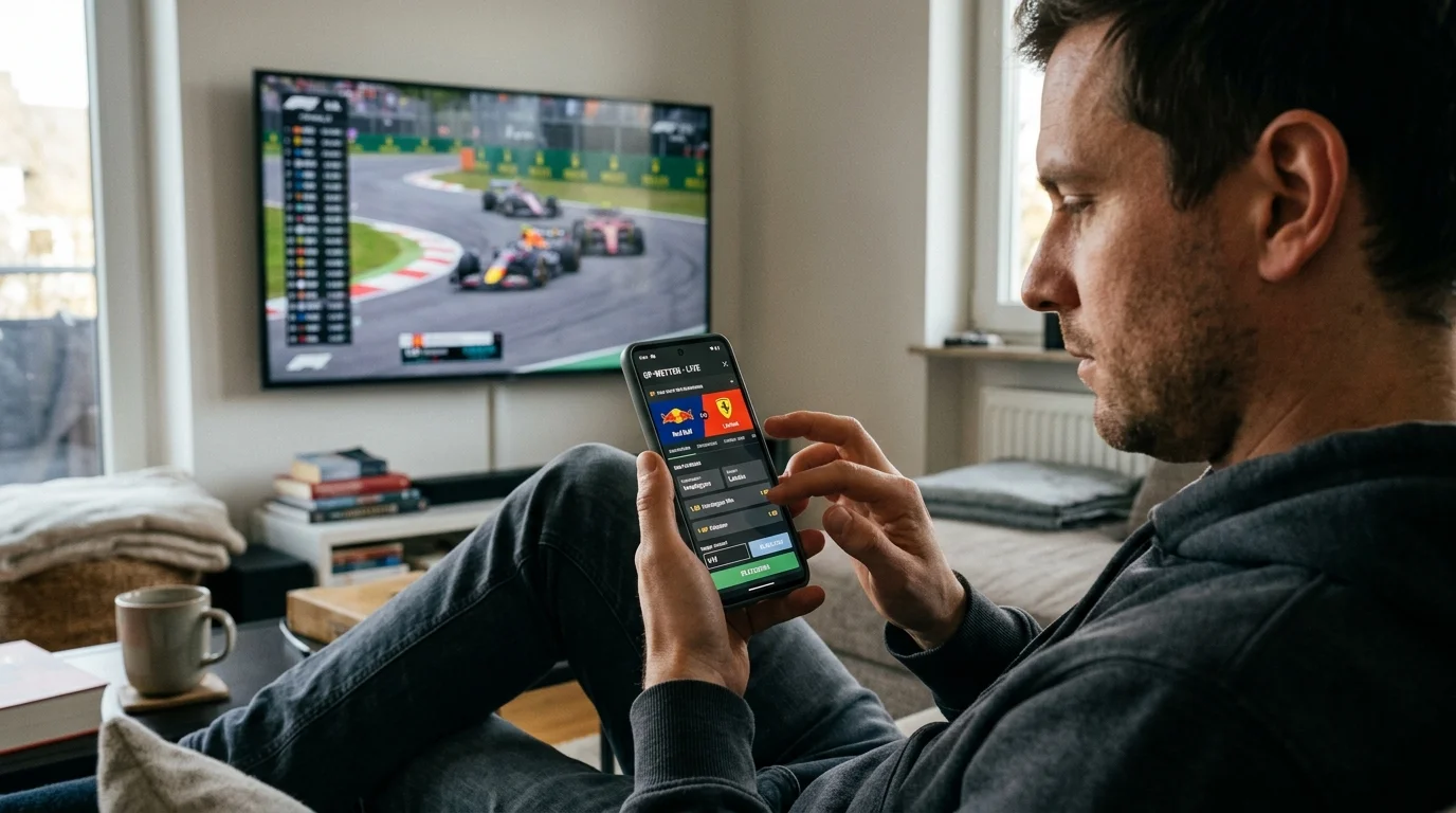 F1-Fan schaut Rennen auf TV und wettet gleichzeitig auf dem Smartphone