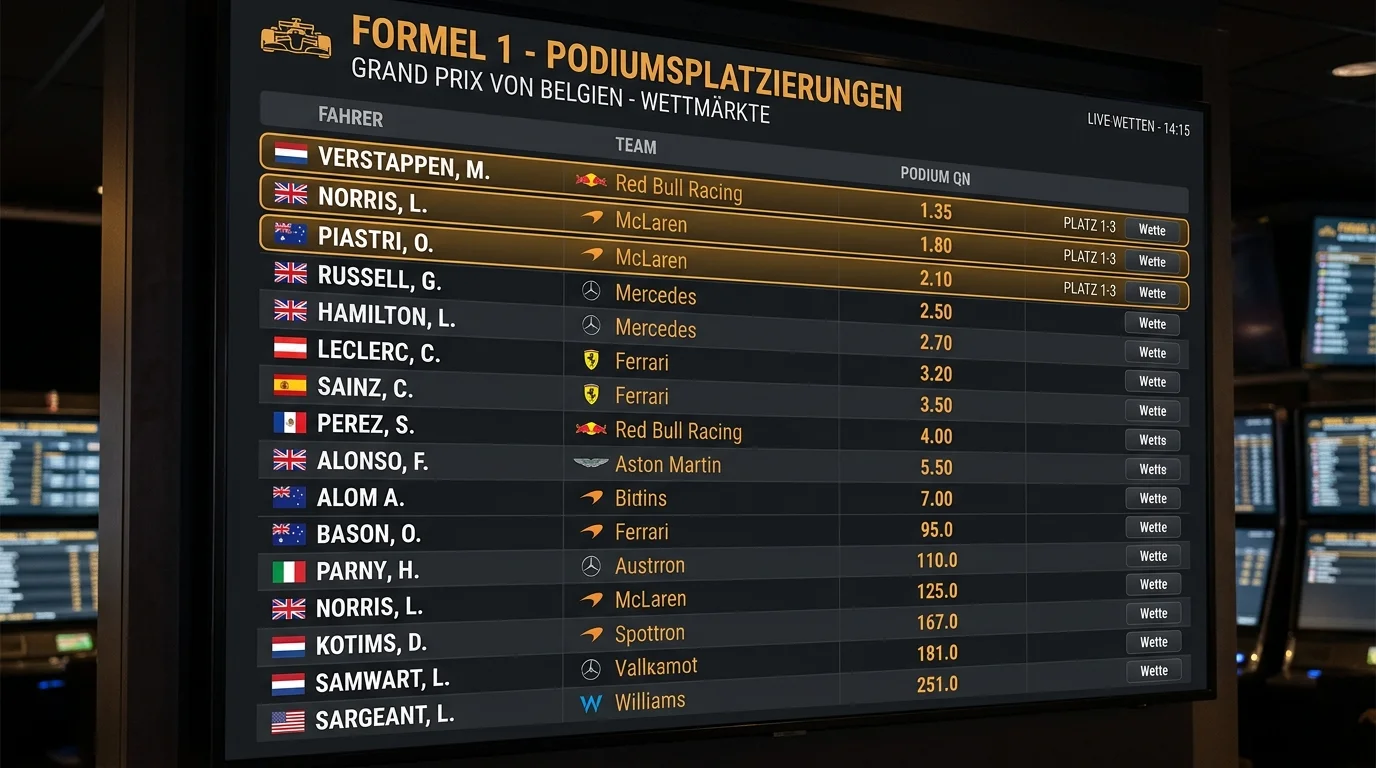 Marktstruktur und Quotenübersicht der Podiumswetten bei Formel 1