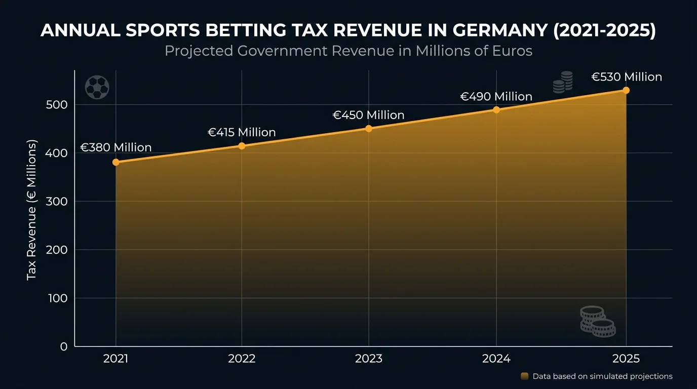 Grafik zeigt Steuereinnahmen aus Sportwetten in Deutschland von 2021 bis 2025
