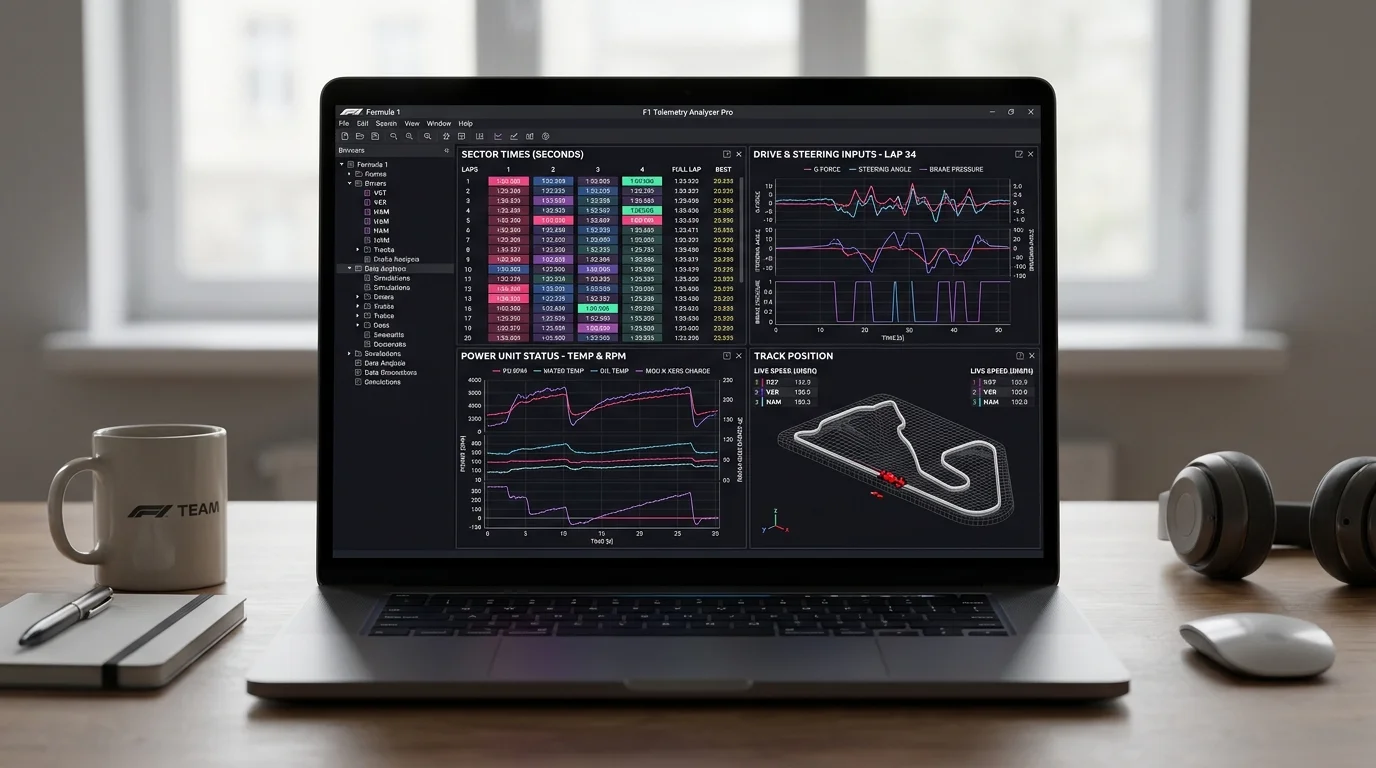 Laptop mit F1-Telemetriedaten und Streckenstatistiken zur Wett-Analyse