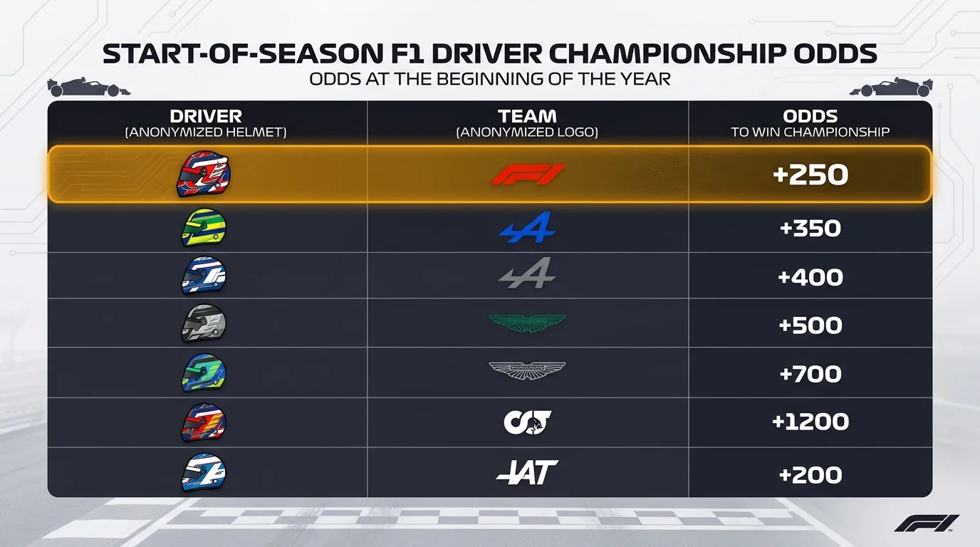 Übersichtstabelle der Fahrerquoten zu Beginn der F1-Saison 2026 mit Favoriten und Außenseitern