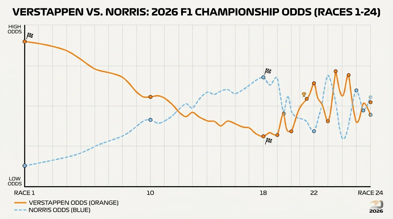 Liniengrafik: Entwicklung der Weltmeister-Quoten für Norris und Verstappen über die Saison