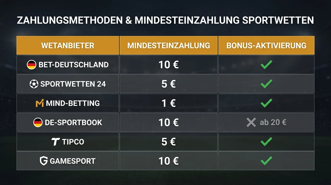 Tabelle zeigt Mindesteinzahlungen für Bonusaktivierung bei verschiedenen deutschen Sportwetten-Anbietern