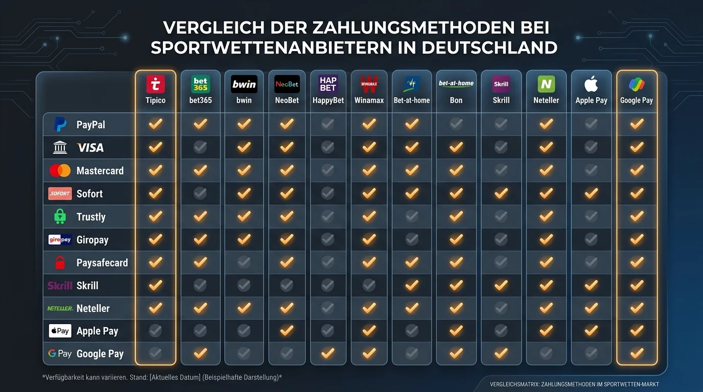 Verfügbarkeit von Zahlungsmethoden bei GGL-lizenzierten Sportwetten-Anbietern in Deutschland